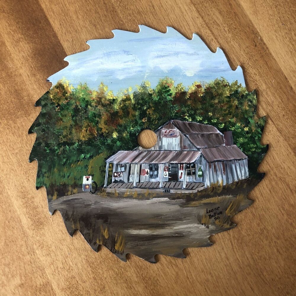 Folk Art Saw Blade Painting Country Store Gas Station Louise Bottom '90 7.5" VTG